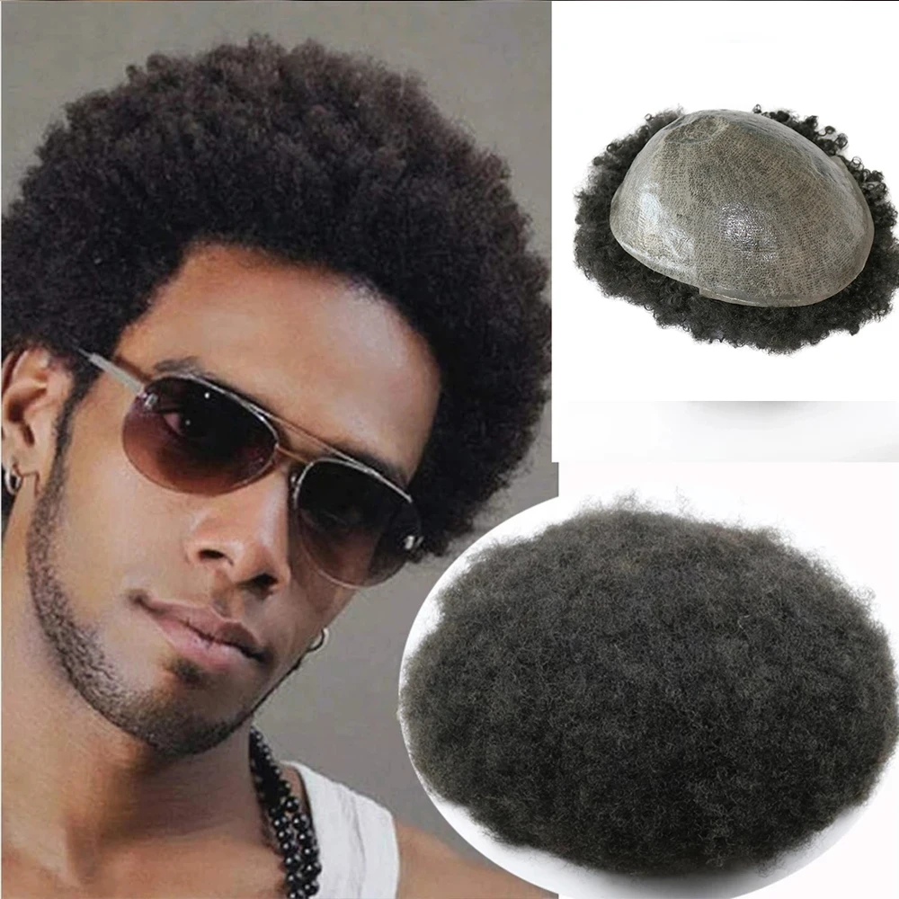 

Durable Skin Base 6MM Afro Curl Mens Brazilian Human Hair Toupee for African America Black Mens Natural Hair Replacement System