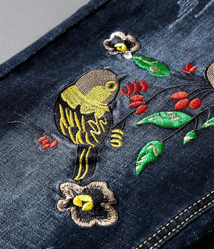 ブルーメンズデニムヒップホップスリムレッグバード花柄刺繍ジーンズファッションストレッチデニムパンツ