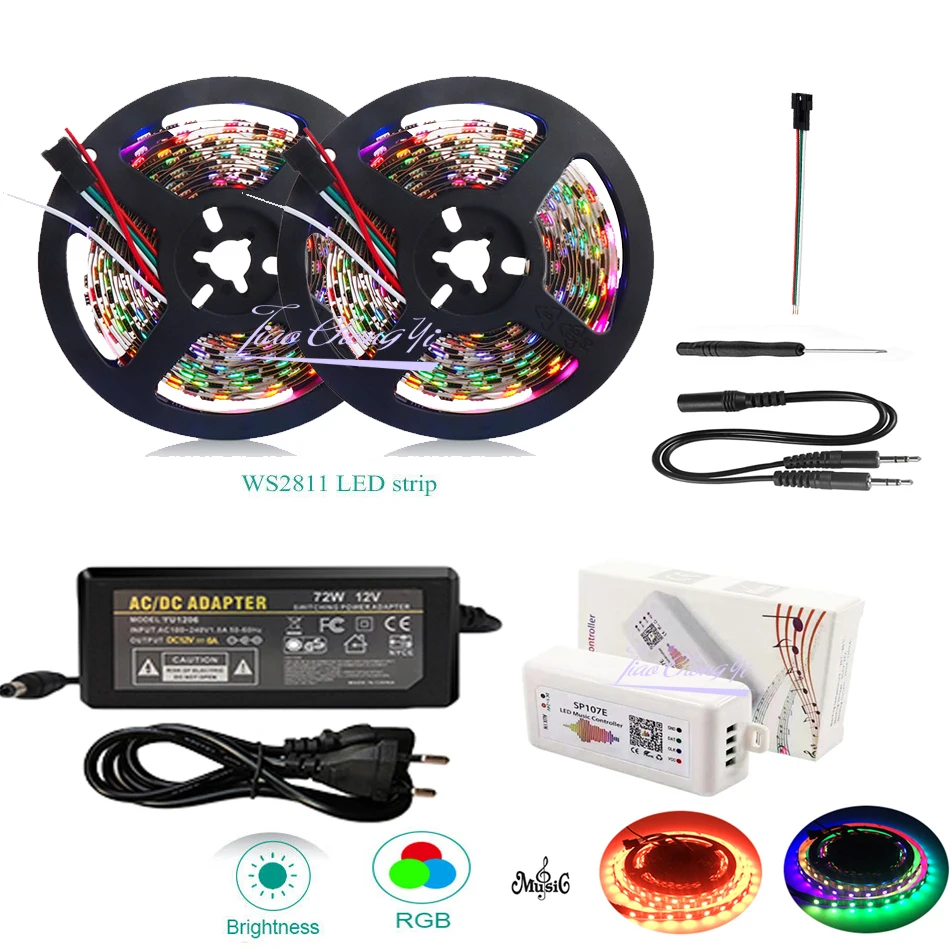 WS2811 30LED/M 5050 RGB Full Color LED strip lights +SP107E Music Smart Phone APP Controlled+12V LED Power KIT