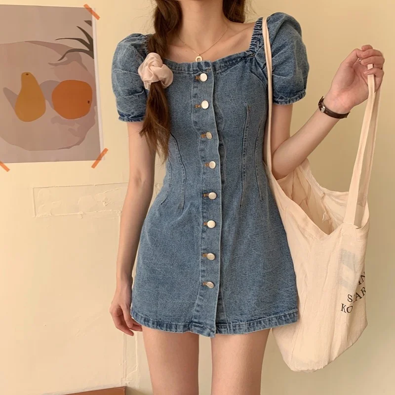 Slash – robe courte en Denim pour femme, tenue féminine à épaules dénudées, manches bouffantes, coupe trapèze, Streetwear, nouvelle collection printemps été