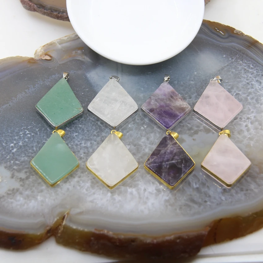 

1pcs Natural Crystal Amethysts Slice Rhombus Pendants Rose/White Quartz Green Aventurine Necklace DIY Jewelry For Woman's Gift