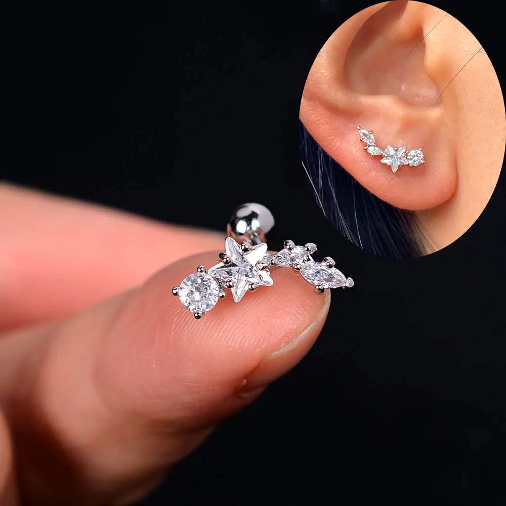 1 Pcs Fashion Elegant Crystal Ear Piercing Stud Star Butterfly Flower Cartilage Helix Conch Screw Back Earring For Woman Jewelry