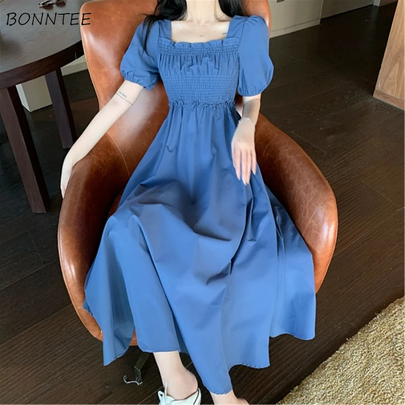 Blue Dresses Women Solid Elegant Holiday Puff Sleeve Summer 2021 New Folds Beach Style Square Collar Vestidos Mujer Casual Chic