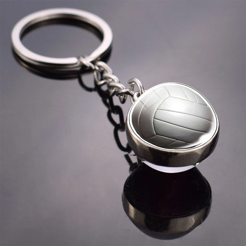 Sports Ball Key Chain Football Baseball Basketball Volleyball Double Side Keychain Glass Ball Trinket Pendant Keyring