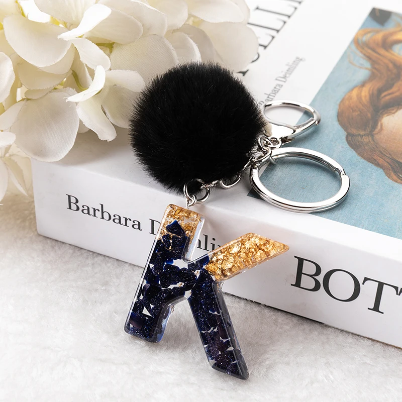 1Pc Black Pompom Letter Keychain English Alphabet Keyring  Glitter Gradient Resin Car Mirror Accessory Women Handbag Charms