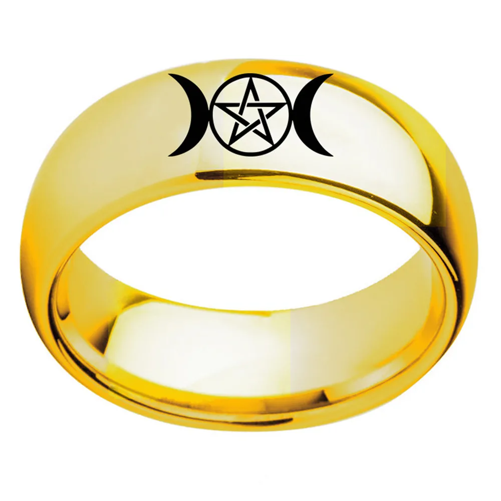 Stainless Steel Triple Moon Goddess Wicca Pentacle Ring Crescent Moon Pentagram Pagan Rings For Women Men Jewelry Freeship