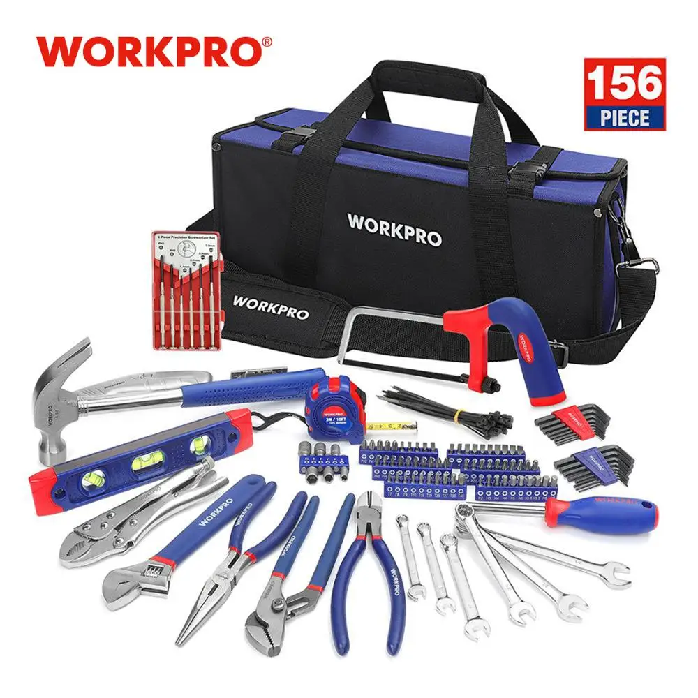 WORKPRO-집 수리 공구 세트, 스크루 드라이버 해머 플라이어 렌치 작업 도구 세트, 17 인치 패브릭 가방 포함, 156 피스