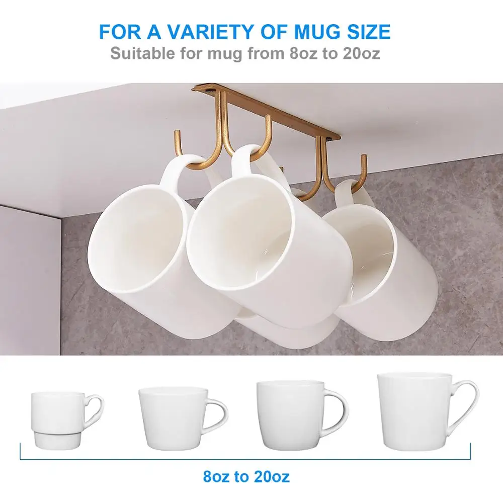 D2 Mug Rack Under Cabinet - Coffee Cup Holder 12 Mugs Hooks Under Shelf, Display Hanging Cups Drying Hook for Bar Kitchen Gold