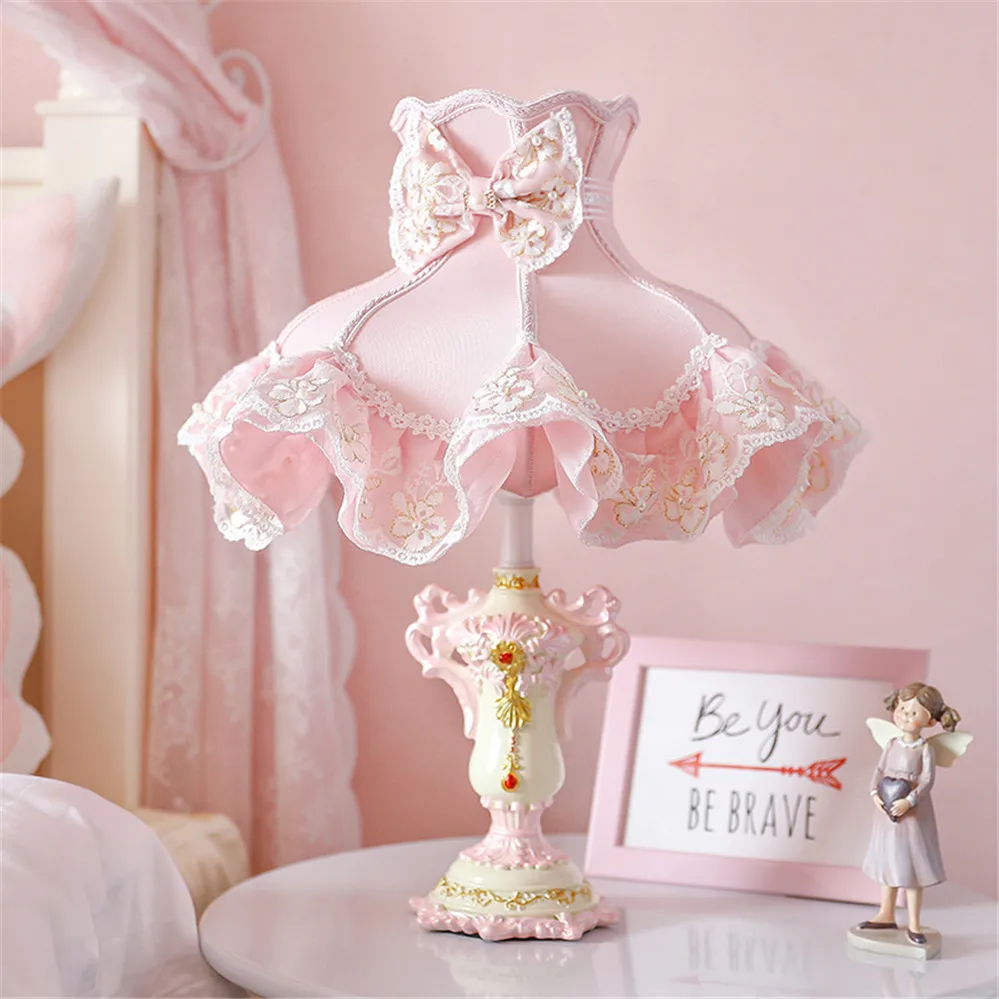 Cottagecore Lace Fabric Lampshade Table Lamp Romantic Daughter Princess Bedroom Nightstand Light Living Room Decorative Fixture