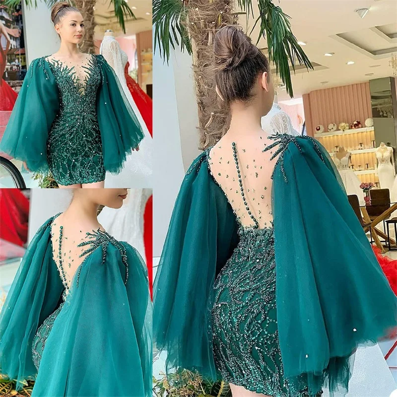 Glitter Short Evening Dresses Crystal Beads Appliqued Lace Luxury Prom Pageant Gown Robe De Mariée Long Sleeve Customize