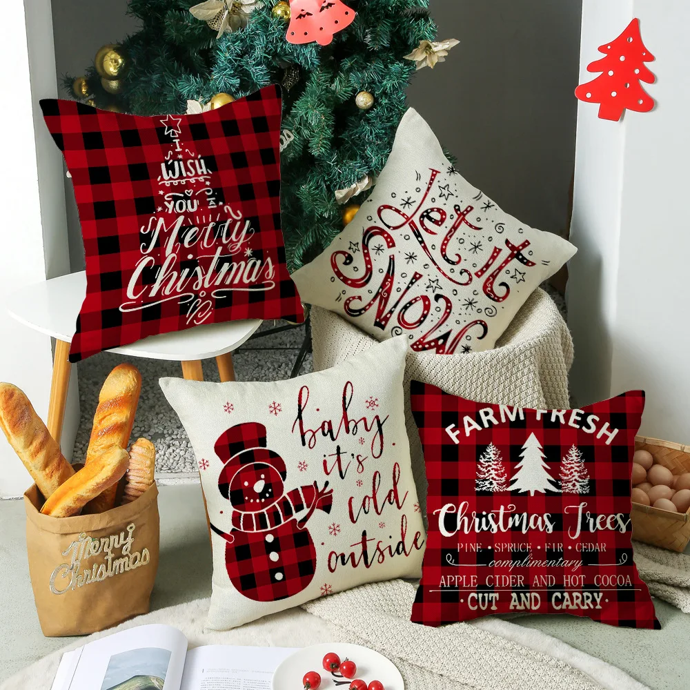 

2025 Hot Red and Black Plaid Christmas Pillowcase Linen Printed Home Waist Office Cushion Cover New Year Pillowcase Gift