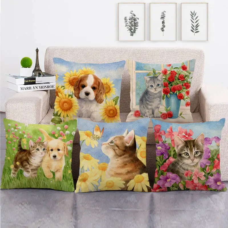 

Home Decor Pillowcase Animal Printed Cushion Cover Linen Pillowcase Christmas Decoration Cushion Cat Dog Bird Pattern 45X45cm