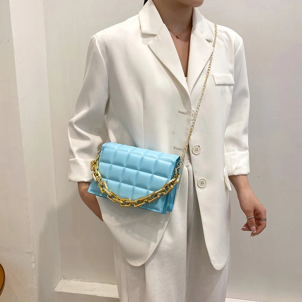 2021 Fashion Women Lattice Pattern Shoulder Bag Thick Chain Bags Female Solid Color Handbag Soft PU Leather Flap Crossbody