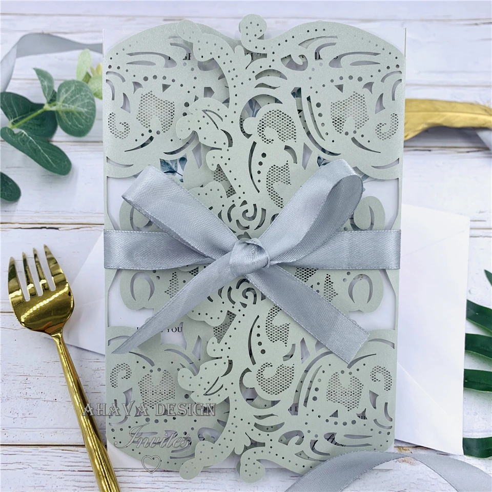 

Elegant And Gorgeous Silver Invitation With Rose Laser Cut Wrap And Ribbon, Free Design