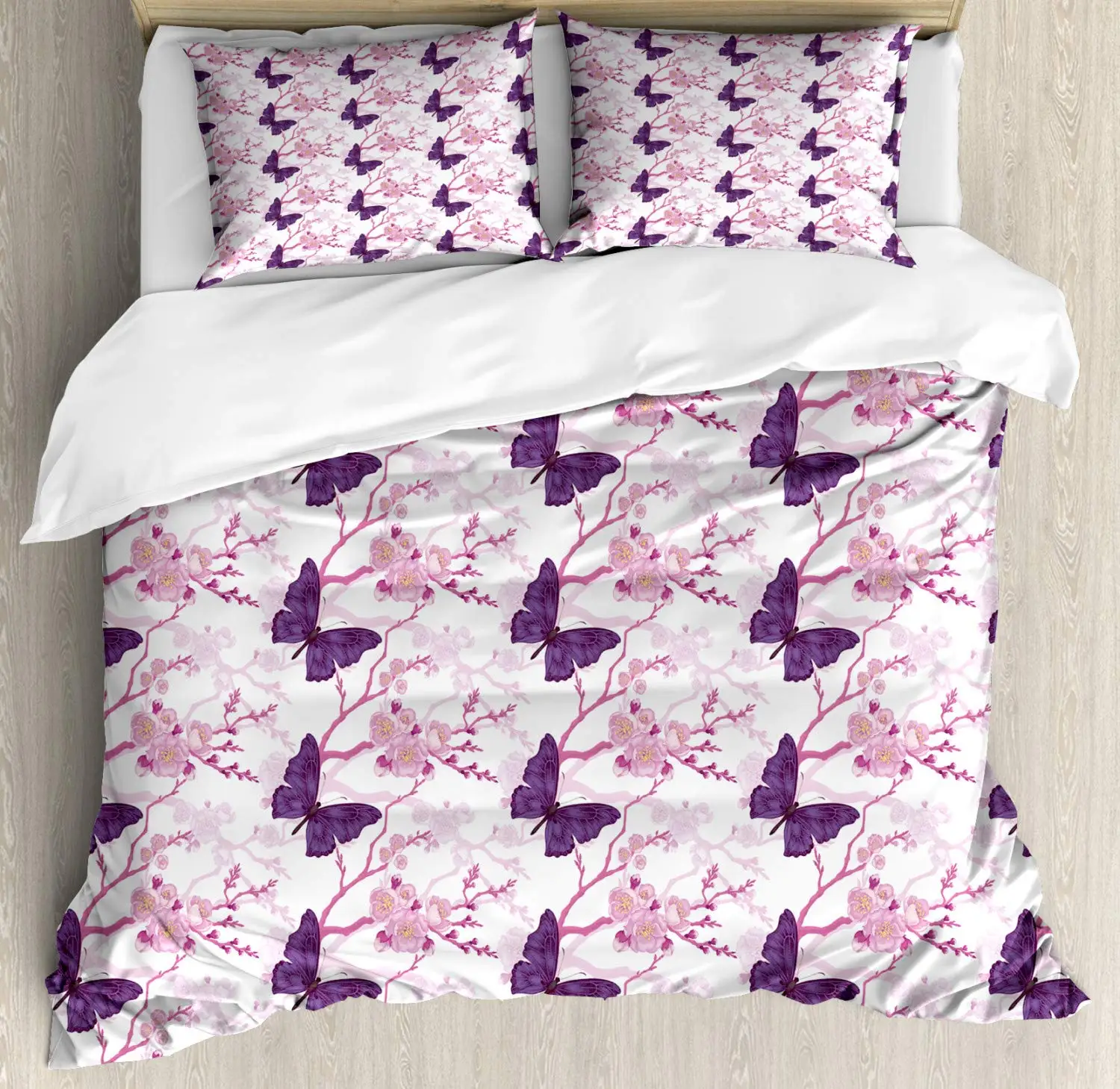 Floral Duvet Cover Set Delicate Illustration of Flowers and Butterflies 3 Piece Bedding Set Purple Pink White