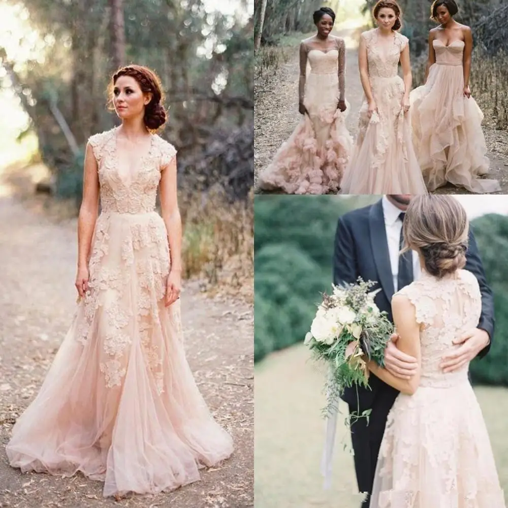 2020 Vintage Bohemian Blush Lace Sheer Wedding Dresses Ruffles Bridal Gowns Cap Sleeve Deep V neck Layered A-Line Modest