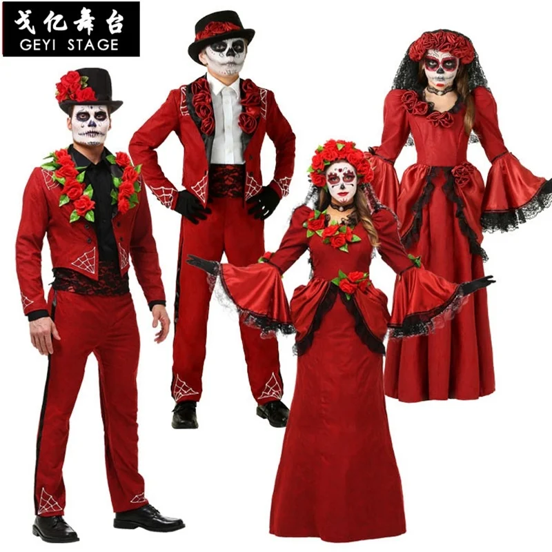 Adulto feminino dia das bruxas traje morto senhoras nupcial mangas compridas preto assustador esqueleto crânio coringa cosplay vestido plus for men