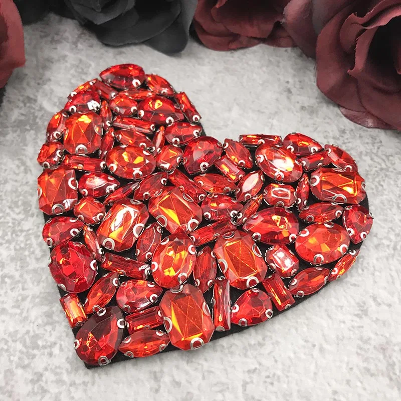 

Luxury Rhinestone Beads Big Red Love Heart Patch for Clothes Sew on Applique Clothes Shoes Bags Decoration Patch