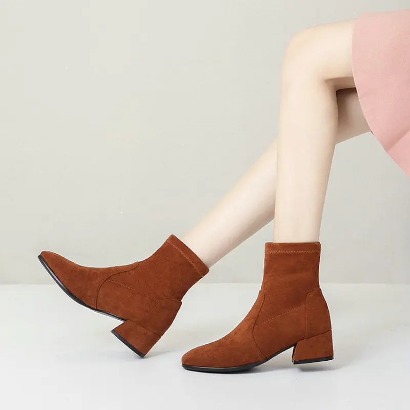 Sianie Tianie Winter Autumn Flock Plain Brown Beige Chunky Heels Fashion Women Shoes Designer Brand Ankle Stretch Chelsea Boots