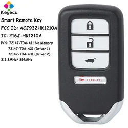 KEYECU Inteligentny zdalnie sterowany kluczyk samochodowy z 3+1 4 przyciskami 314 MHz do Honda CR-V HRV CRZ 2014 2015 2016 Fob FCC ID: ACJ932HK1210A