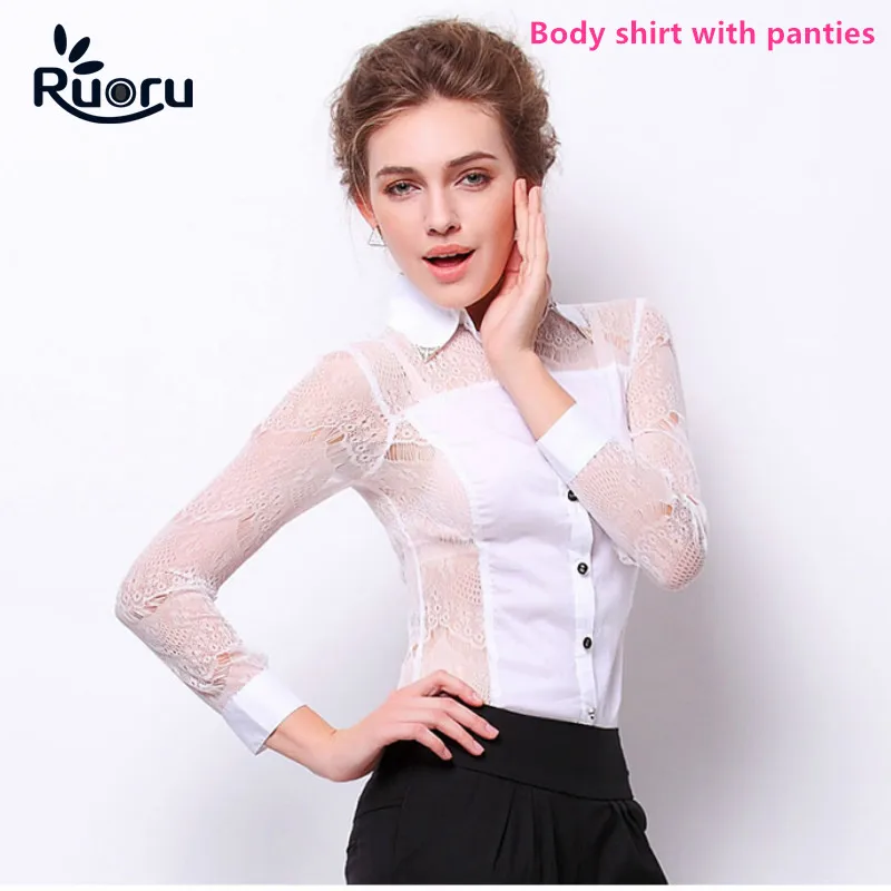 Ruoru White Color Long Sleeve Bodysuit Black Color Lace Tops Women Office Lady Business Work Tops And Blouses Female Leotard