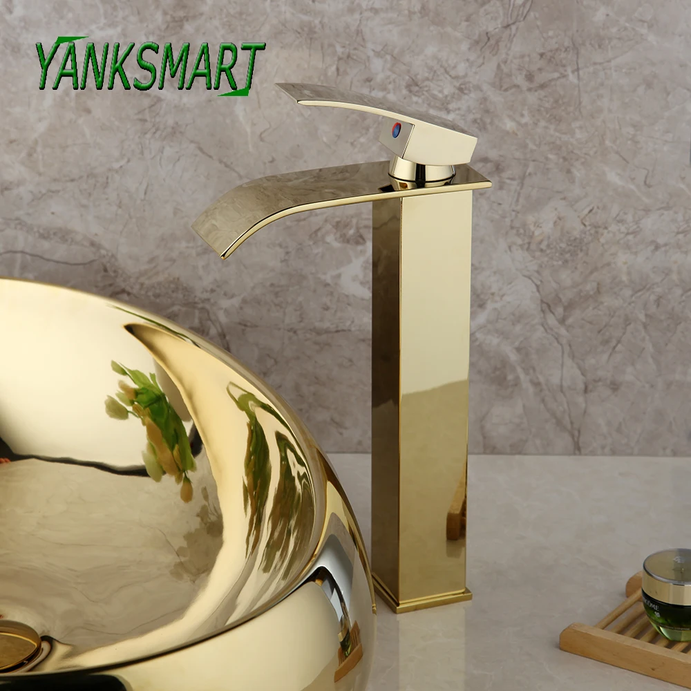 

YANKSMART Golden Polished Waterfall Spout Bathroom Faucet Basin Sink Deck Mounted Single Handle Faucet Washbasin Mixer Water Tap