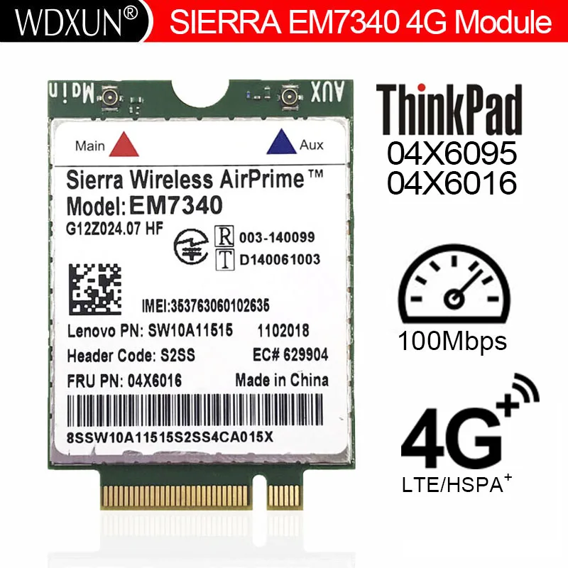 

Wireless Sierra AirPrime EM7340 FRU 04X6095 4G LTE/HSPA Module For Lenovo ThinkPad 10/ Helix 2nd Gen/ X260 /T460/ T460S/T560