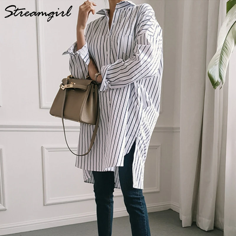 Oversize Blue Striped Shirt Women Tunic 2021 Autumn Cotton Blouse Office Tunic for women White Shirt Oversize Long Sleeve Shirts