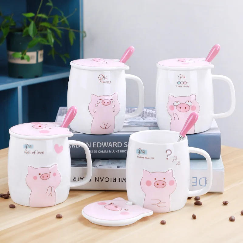 500mL Ceramics Cute Pig Mug with Lid Spoon Coffee Milk Tea Cup Water Drinking Glasses Tumbler Creative Gift Drinkware