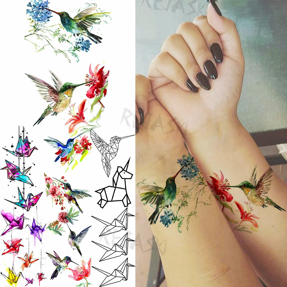 Small Watercolor Hummingbird Temporary Tattoos For Women Adult Paper Crane Horse Flower Fake Tattoo Sticker Body Art Tatoo Decal