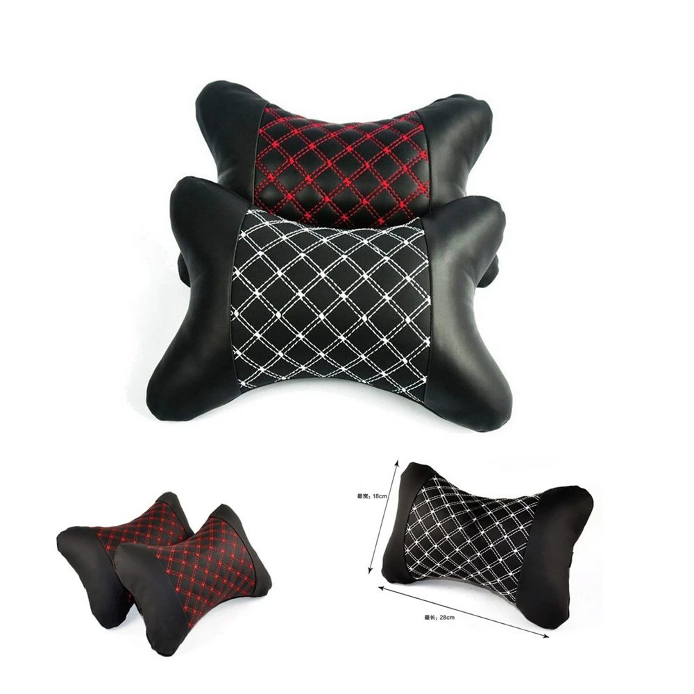 2 Pieces Universal Car Red White Line Leather Headrest Cushion Pad Pillows Cushion Supplies Support Neck Auto Safety Pillow