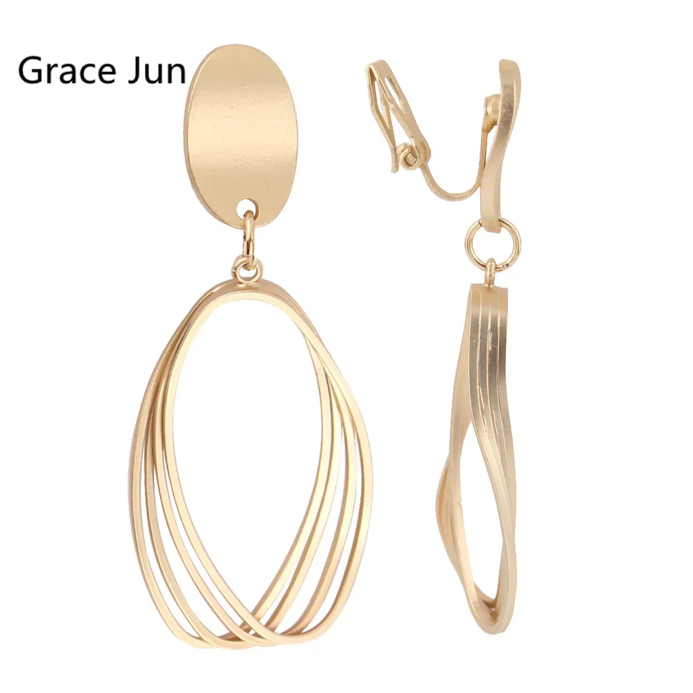 GRACE JUN Korea Style Gold Color  Copper Material Geoemtric  Clip on Earrings Without Pierced Elegant Cuff Ear Clip Anti-allergy