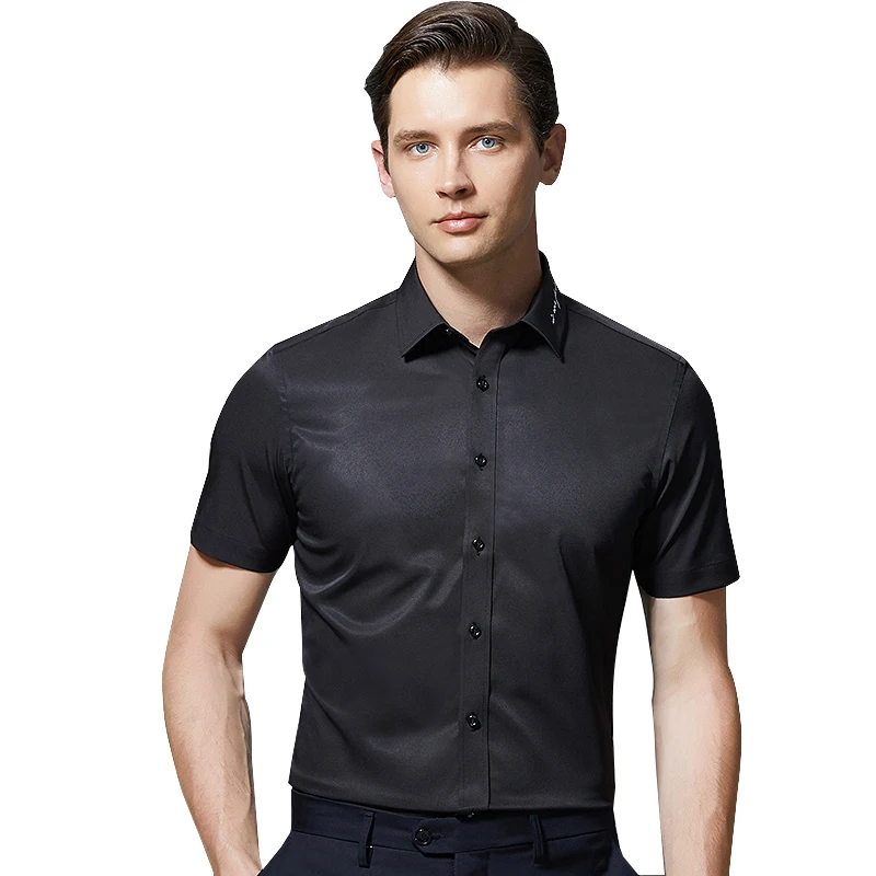 Men\'s Short Sleeve Shirt Stretch Fabric Solid Black White Elasticity Social Shirt Formal Dresses Slim Fit Work Male Blouse