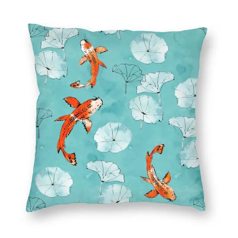 Waterlily Koi In Turquoise Cushion Cover Lucky Carp Fish Floor Pillow Case for Living Room Fashion Pillowcase Home Decorative