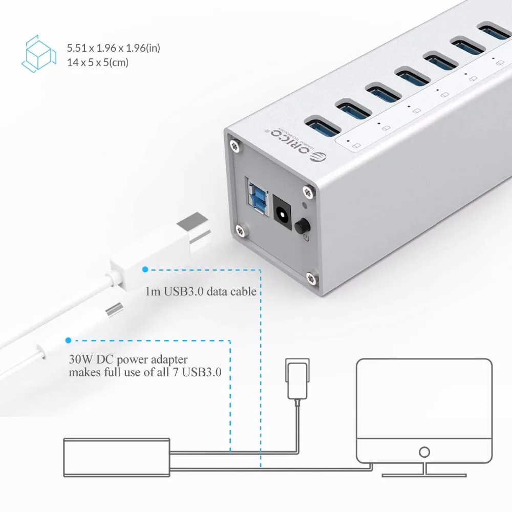 ORICO A3H7 Pemisah Hub USB 3.0 Aluminium Kecepatan Tinggi 7-Port USB 3.0 Hub Komputer Hub Aksesori Pc dengan Port Daya Desain Baru