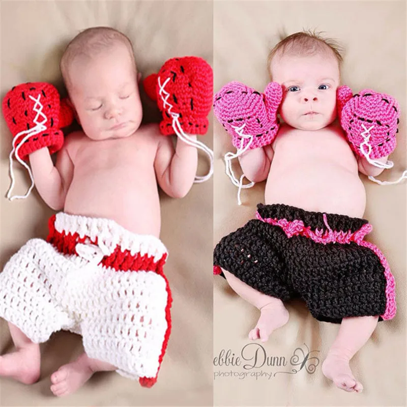 Newborn Baby Photo Photography Prop Costume Hat boys Girl Crochet Knit Clothes boxer Boxing gloves + pants Set for Infant Baby