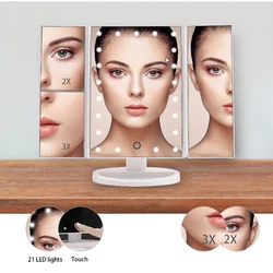 Espejo de tocador con pantalla táctil, espejo de maquillaje con 22 luces LED, pliegue triple, con aumento de 1x/2x/3x, carga USB, soporte ajustable de 180 grados