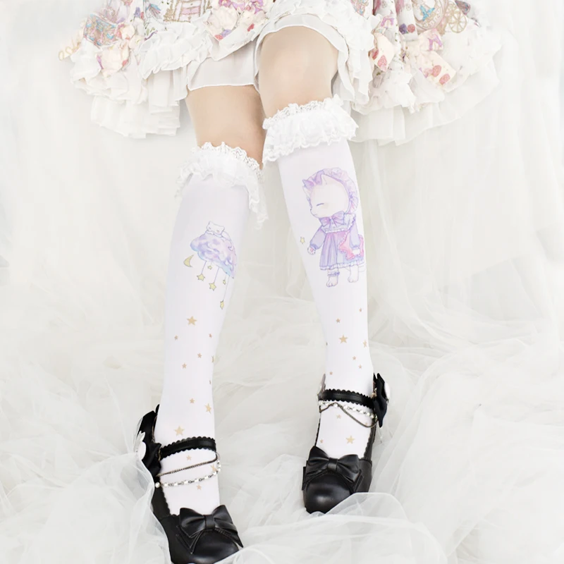 Japanese Lolita cute lace mid-socks Lolita cat knee stockings cute printing student gothic lolita girl cute princess sweet