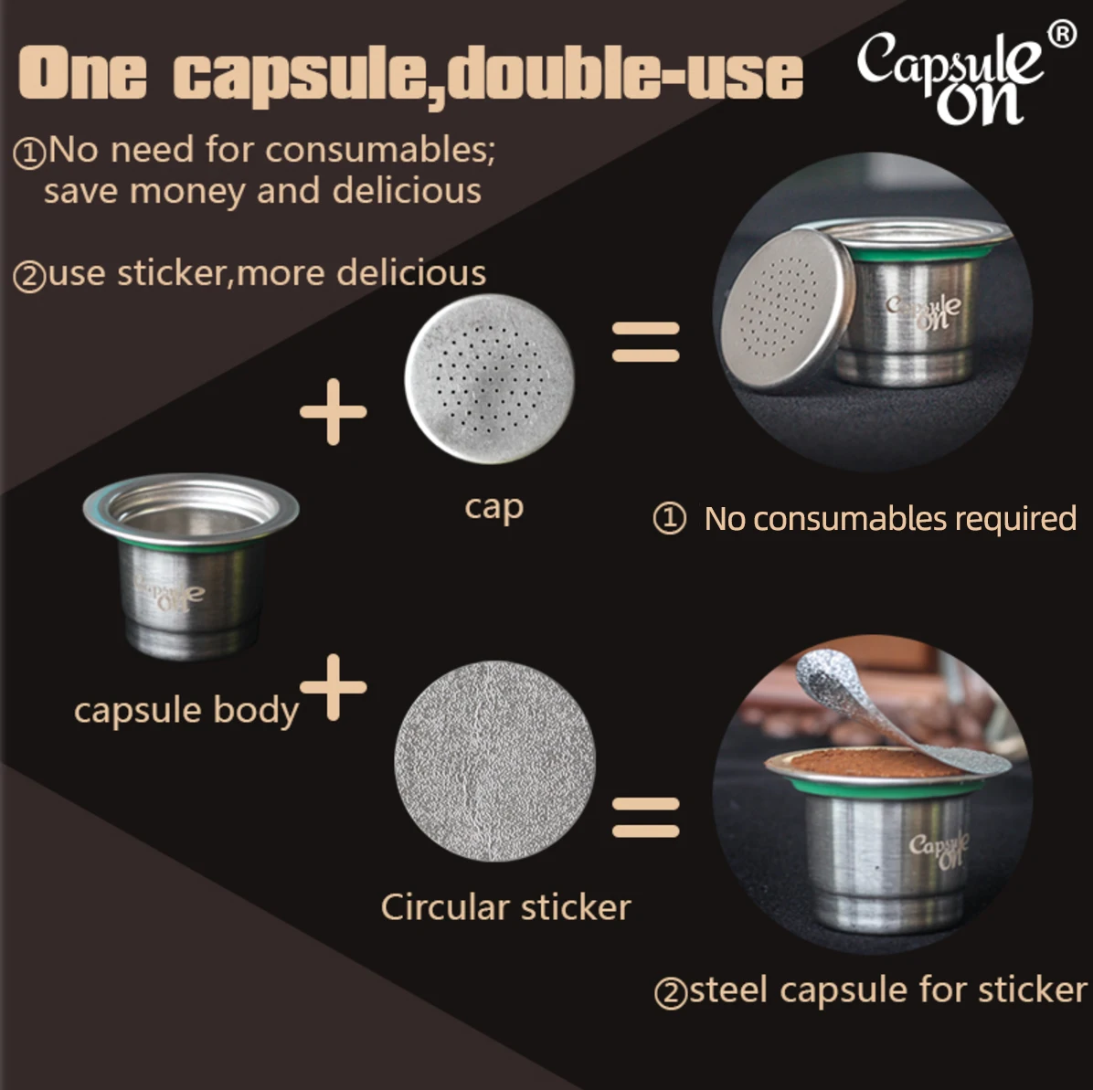 capsulone Refillable Reusable Stainless Steel Coffee Capsulas Compatible with Nespresso Machines Maker 3 Pod +120 Seals