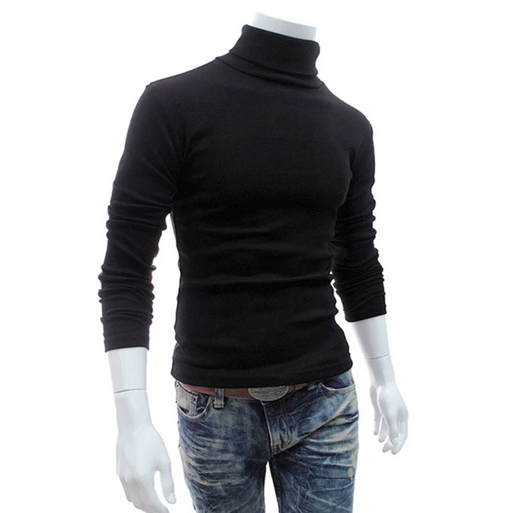 New Men\'s Slim Turtleneck Long Sleeve Tops Pullover Warm Stretch Knitwear Sweater Tight-fitting   High-neck Casual Men Clothing