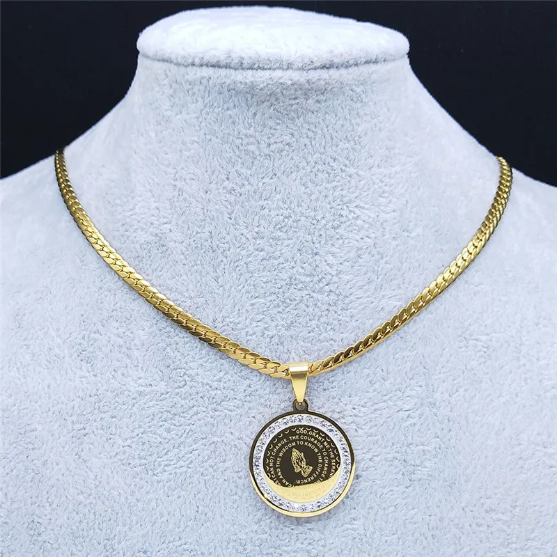 Crystal Stainless Steel Bible Fold Hand Praying Necklaces Men Chain With Pendant The Lord Prayer Cross Necklace Jewelry chaine