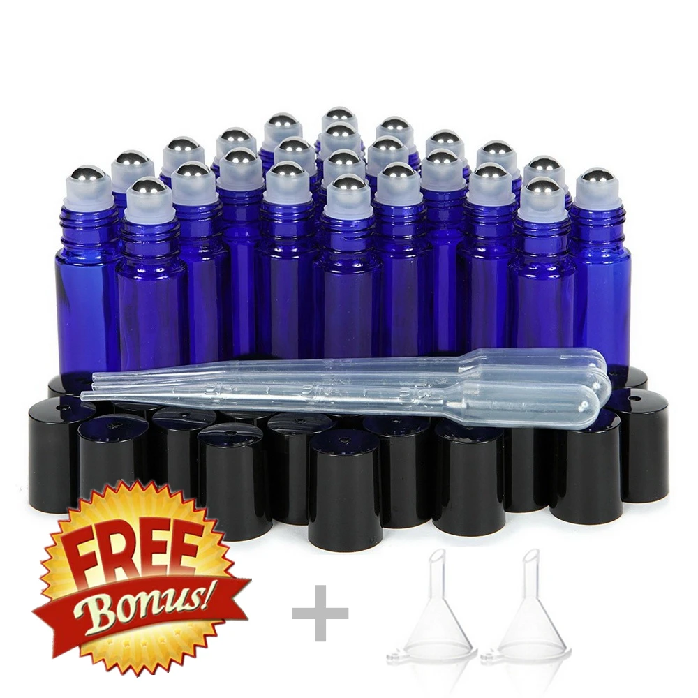 24pcs 10ml Glass Roller Bottles Empty Cobalt Blue with Stainless Steel Metal Roll On Ball for Essential Oils Lip Gloss Perfume