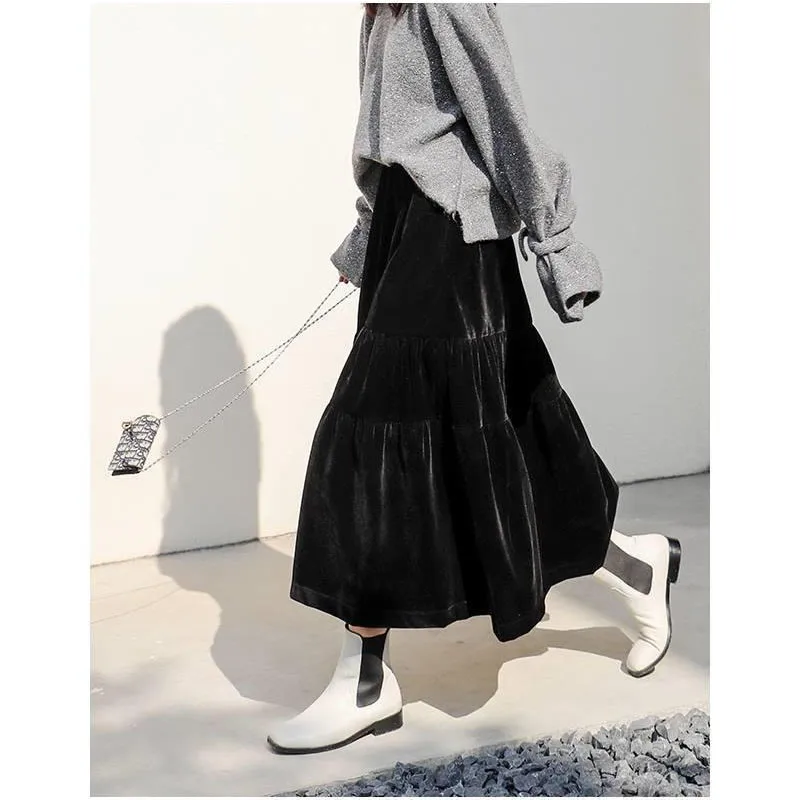 Velvet High Waist Long Skirt Women Autumn Winter Korean Black High Waist Pleated Skirt Vintage Korean Style Female Midi Saia