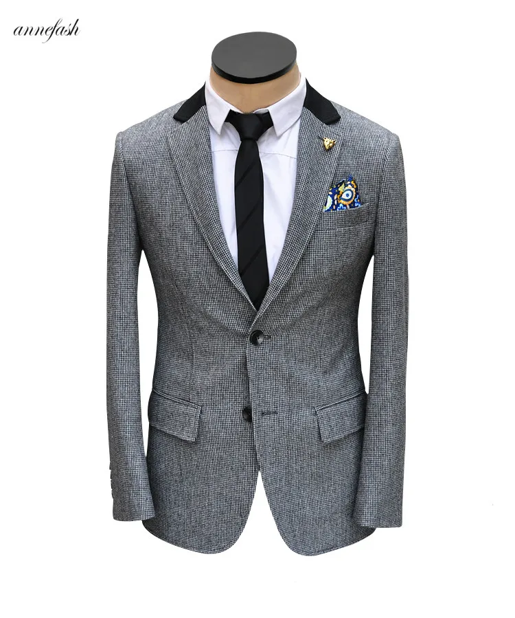 black and white houndstooth pattern woolen tweed men casual suit blazer and pants