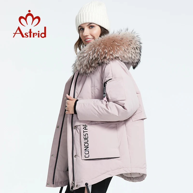 Astrid-Chaqueta de plumón con cuello de piel para mujer, abrigo de invierno de longitud media con capucha, estilo a la moda, AR-3001, novedad de