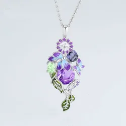 Exquisite two butterfly enamel flower leaf design women pendant necklace elegant bride wedding jewelry