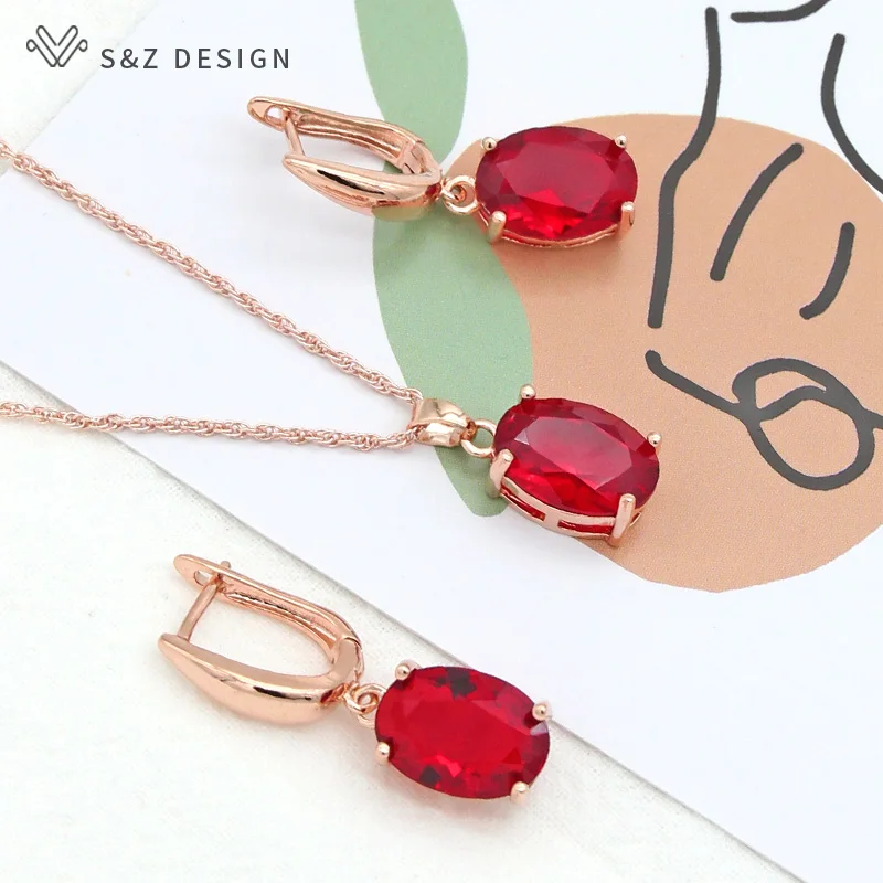 S&Z DESIGN Fashion Oval Cubic Zirconia Dangle Earrings Pendant Necklace Jewelry Sets For Women Girl Wedding Party Gift