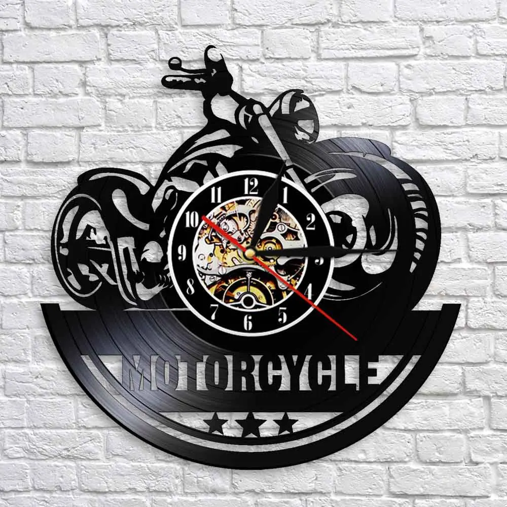 classic black glue art wall clock mechanical motorcycle vinyl record wall clock home vintage clock