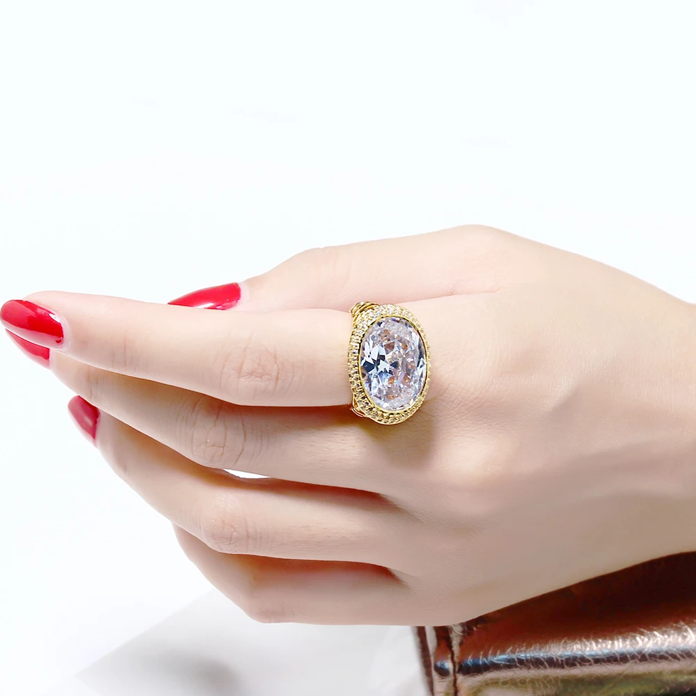 Bright rings Pave big oval stone crystal White/ Gold-color Luxury jewelry high quality female jewellery finger ring