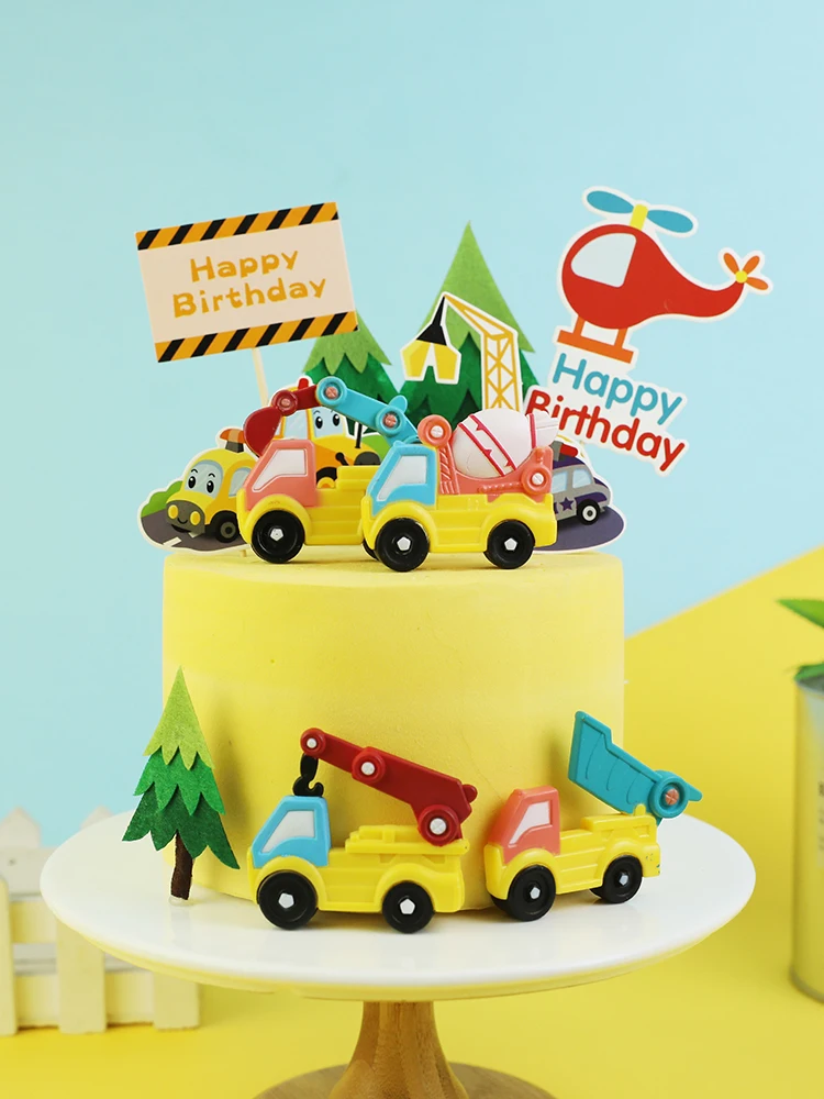 Construction Plastic Trucks Theme Party Cake Topper Kids Birthday Party Decorations Supplies Custom-Made Digger Cake Topper Gift